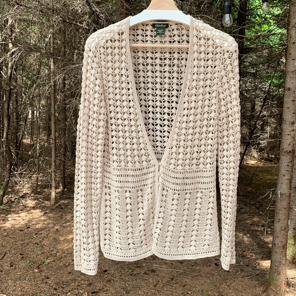 Eddie Bauer Hand-Crocheted Beige Linen Cotton Cardigan